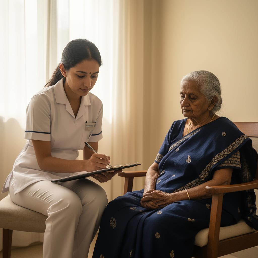 Caregiver taking notes beside an elderly patient