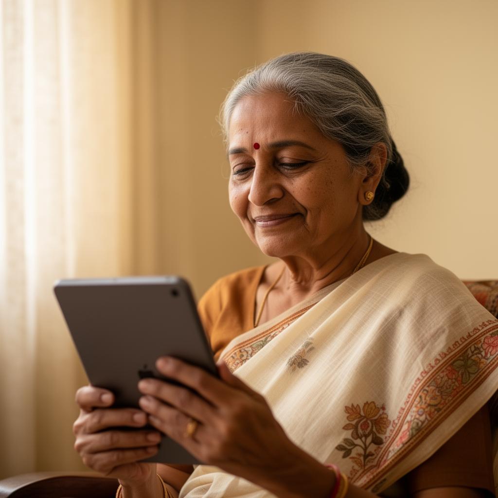 An elder reading a daily care update from family